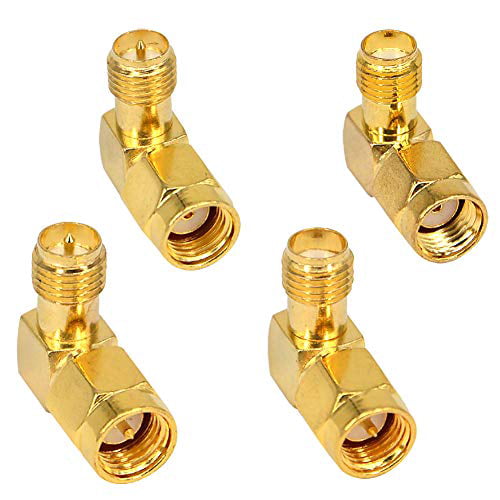 Female to SMA Male Gold Adapter 2-Pack Right Angle RP-SMA Reverse Polarity 